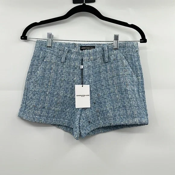 🆕 Generation Love Faye Tweed Knit Shorts Light Blue Multi With Pockets - Picture 3 of 13